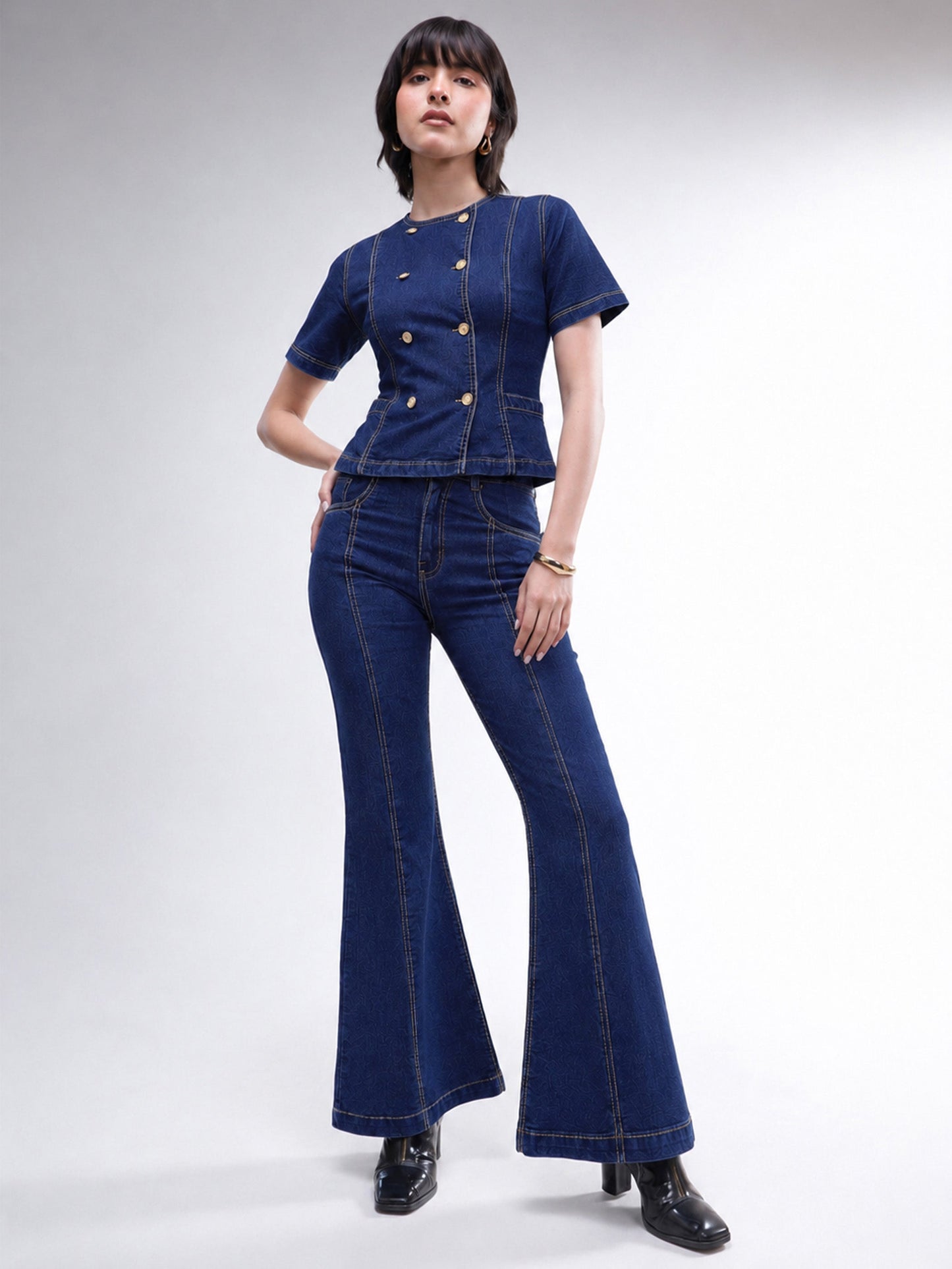 Women Navy Denim Button Down Top With Bell Bottom Jeans