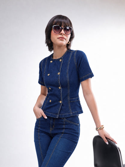 Women Navy Denim Button Down Top With Bell Bottom Jeans
