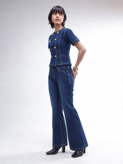 Women Navy Denim Button Down Top With Bell Bottom Jeans