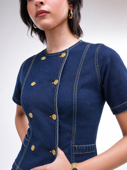 Women Navy Denim Button Down Top With Bell Bottom Jeans