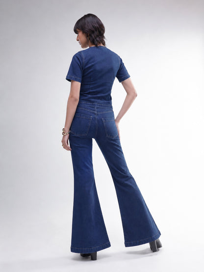 Women Navy Denim Button Down Top With Bell Bottom Jeans