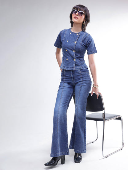 Women Blue Denim Button Down Top With Bell Bottom Jeans