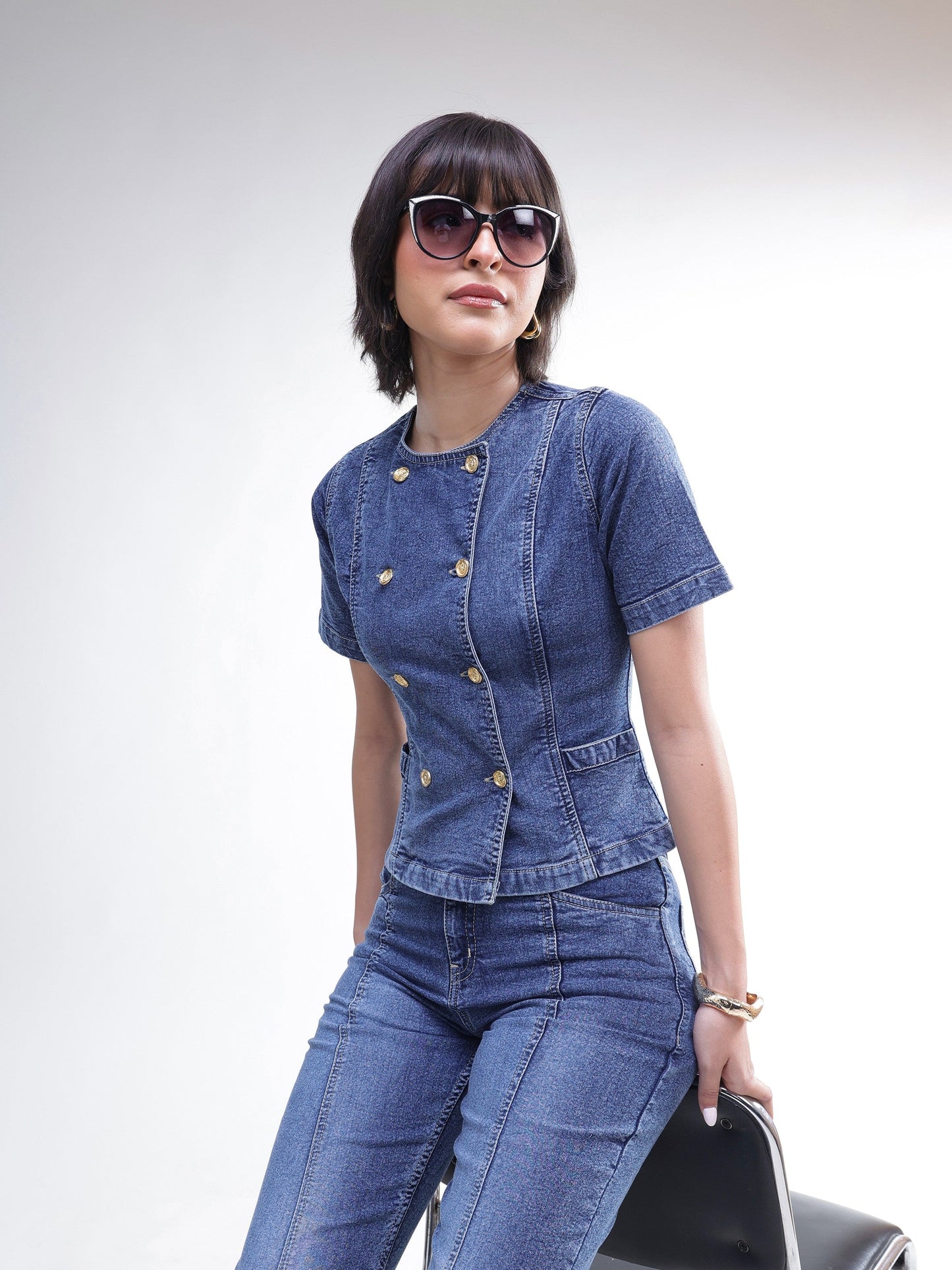 Women Blue Denim Button Down Top With Bell Bottom Jeans