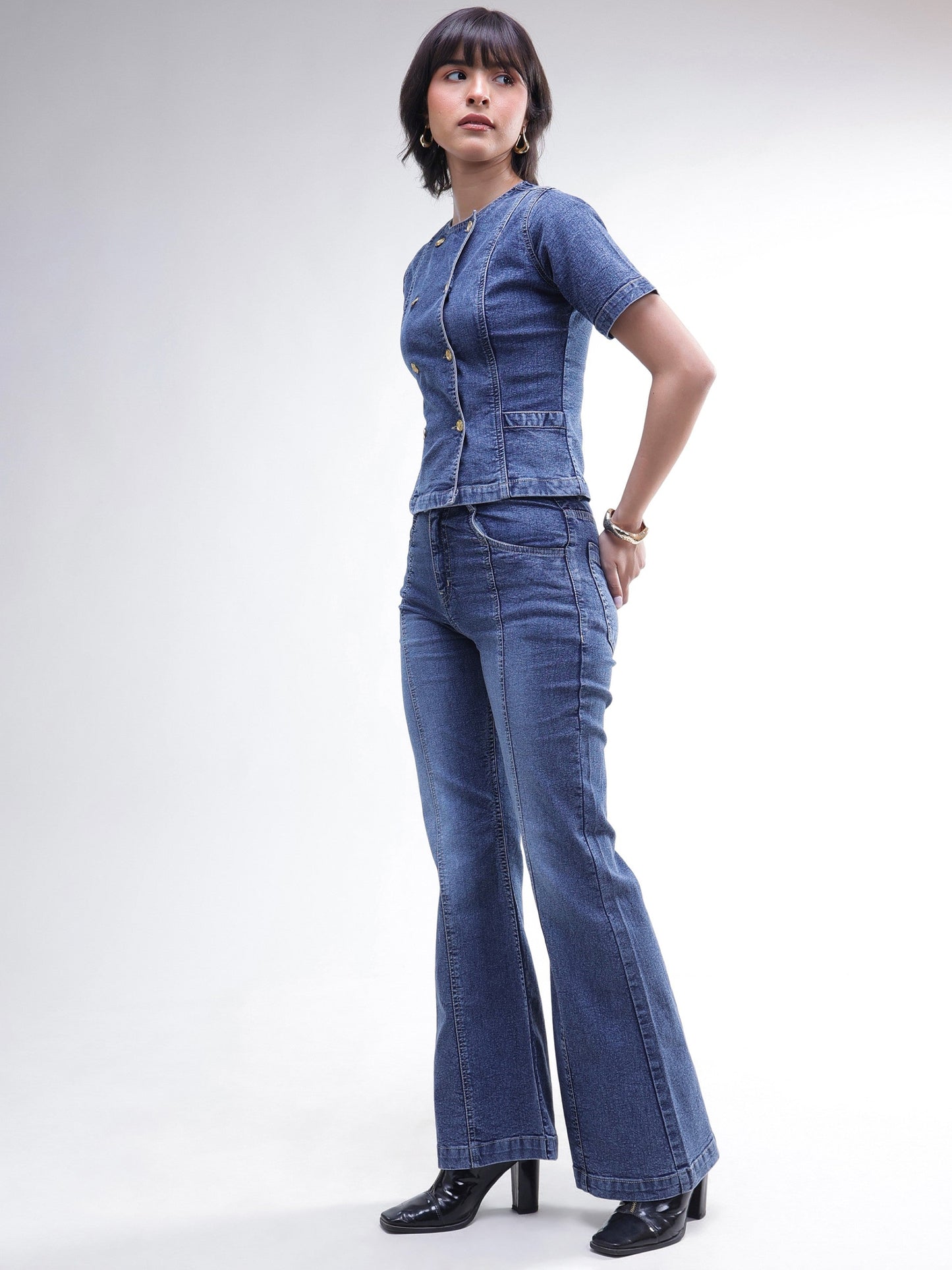 Women Blue Denim Button Down Top With Bell Bottom Jeans