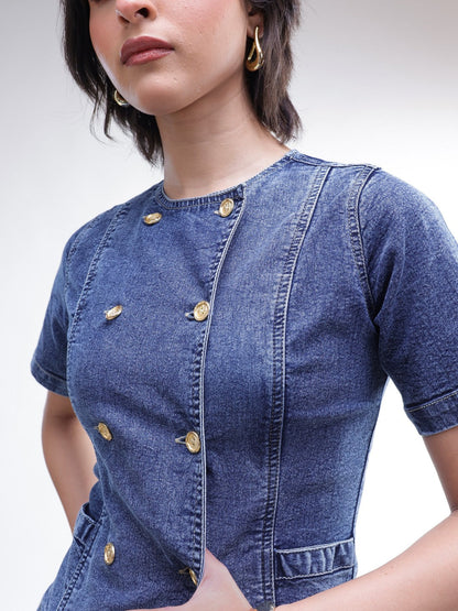 Women Blue Denim Button Down Top With Bell Bottom Jeans