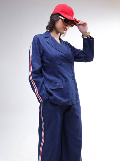 Women Navy Denim Double Breasted Blazer With Straight Fit Jeans
