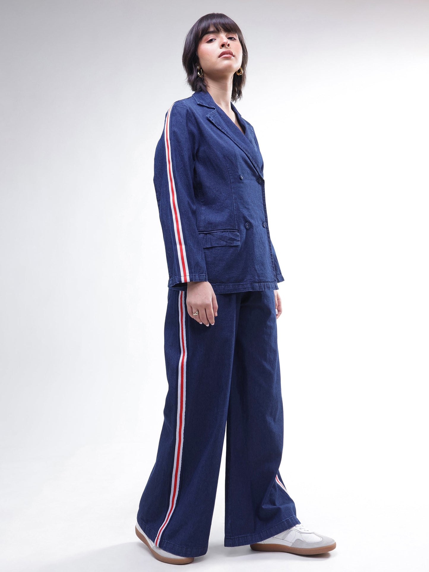 Women Navy Denim Double Breasted Blazer With Straight Fit Jeans
