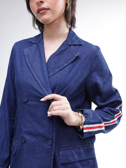 Women Navy Denim Double Breasted Blazer With Straight Fit Jeans