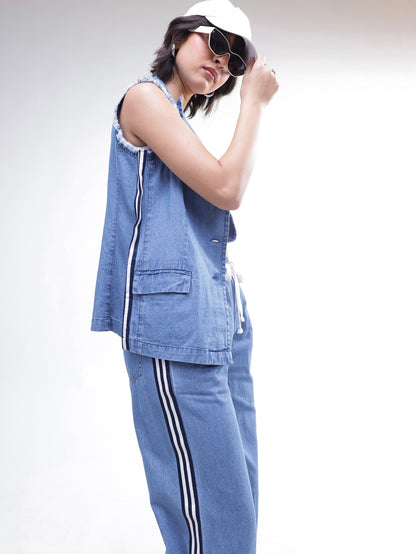 Women Blue Denim Sleeveless Blazer With Wide Leg Jeans