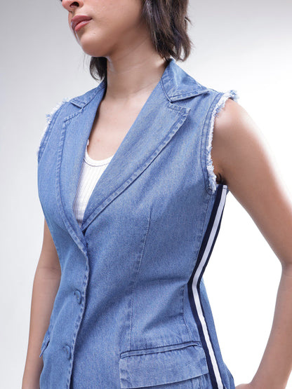 Women Blue Denim Sleeveless Blazer With Wide Leg Jeans