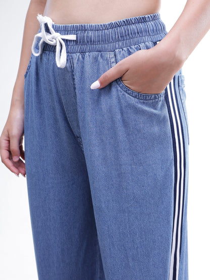 Women Blue Denim Sleeveless Blazer With Wide Leg Jeans