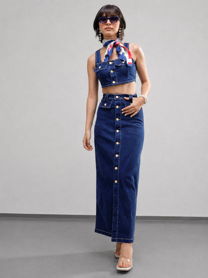 Women Navy Denim Front Button Crop Top With Skirt