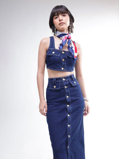 Women Navy Denim Front Button Crop Top With Skirt