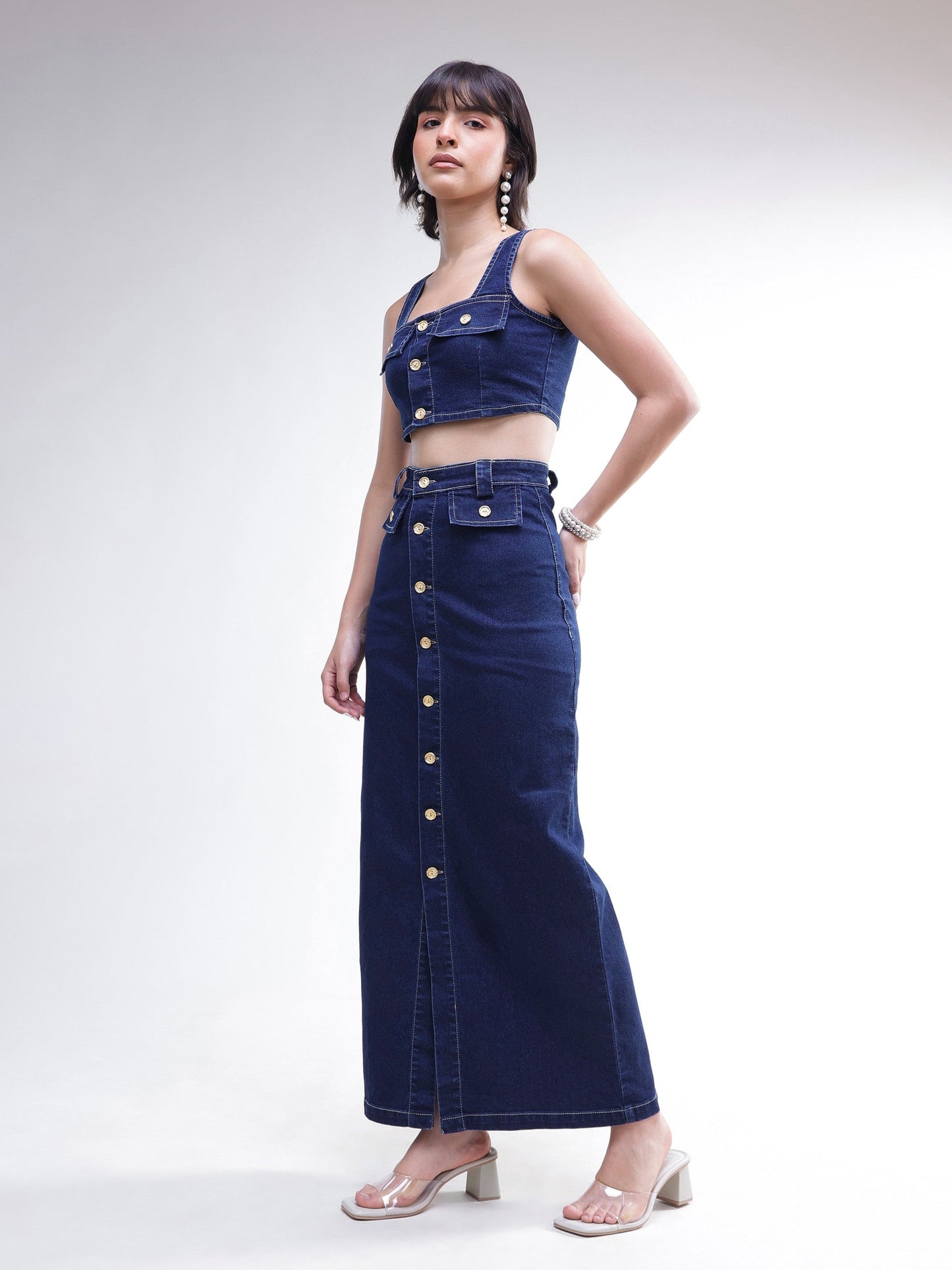 Women Navy Denim Front Button Crop Top With Skirt