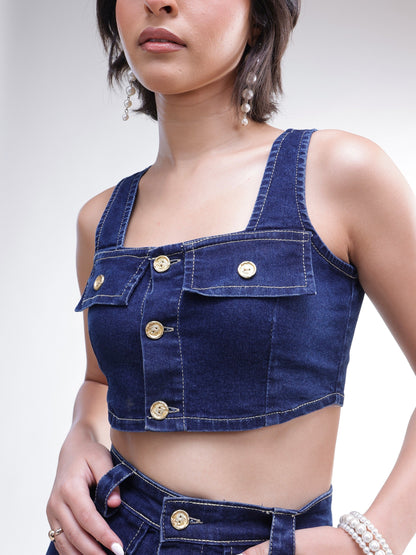 Women Navy Denim Front Button Crop Top With Skirt