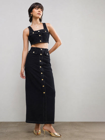 Women Black Denim Front Button Crop Top With Skirt