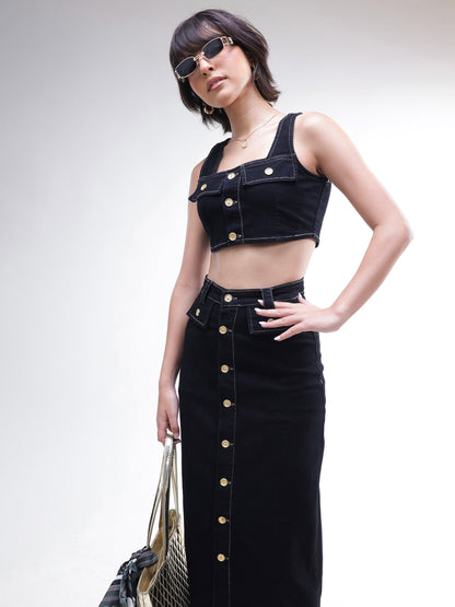 Women Black Denim Front Button Crop Top With Skirt