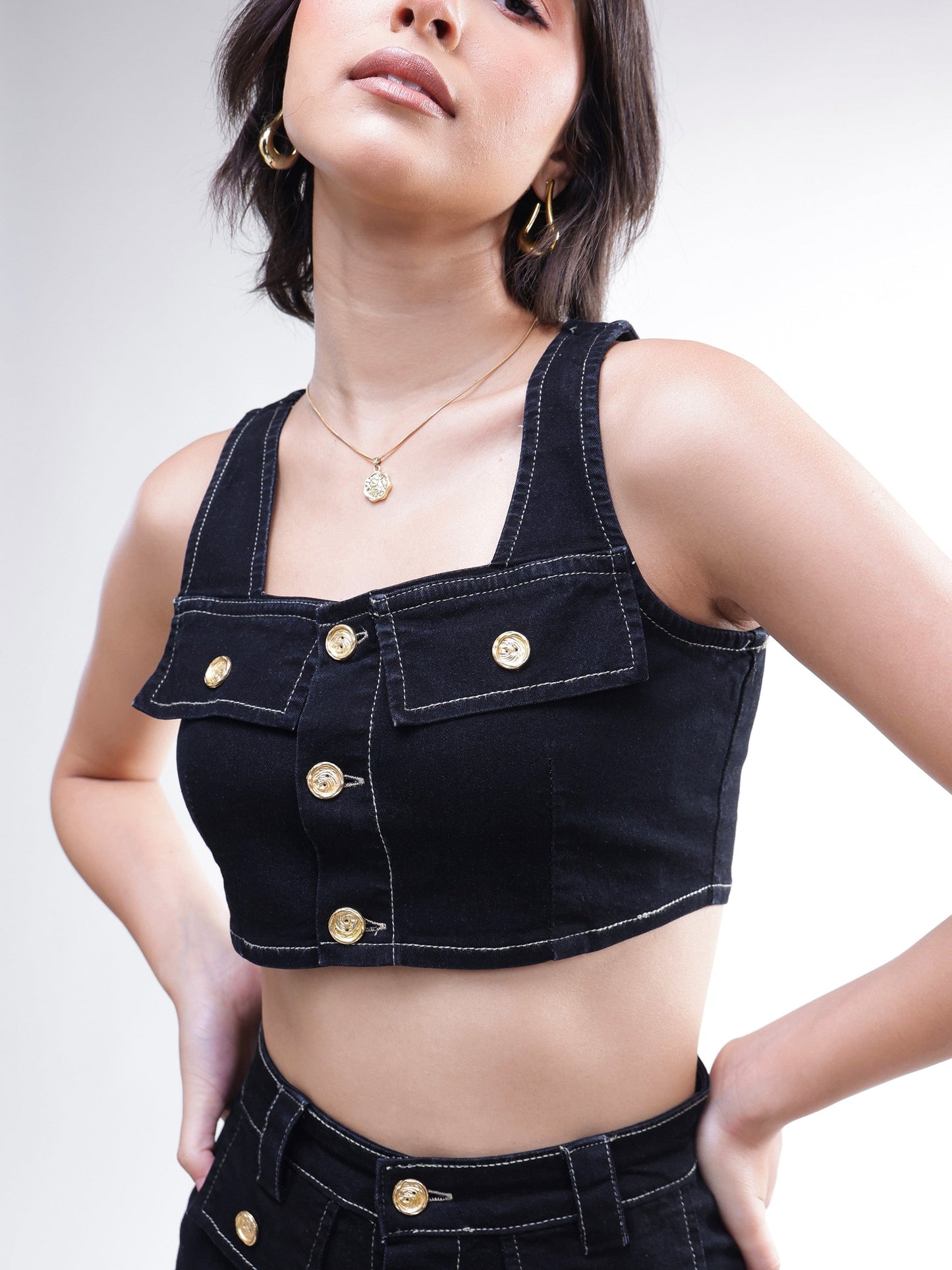 Women Black Denim Front Button Crop Top With Skirt