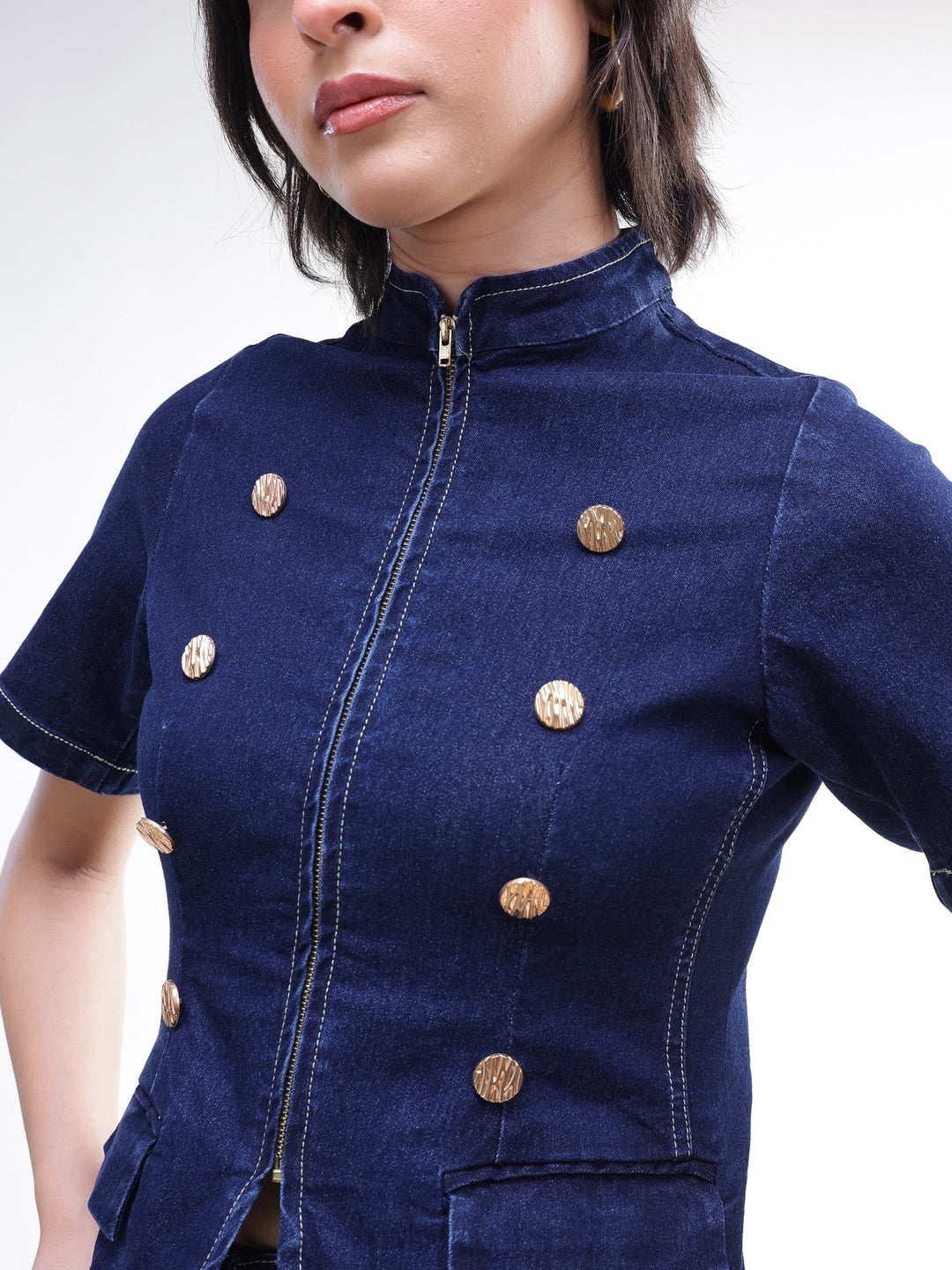 Women Navy Denim Front Zipper Top With Mini Skirt