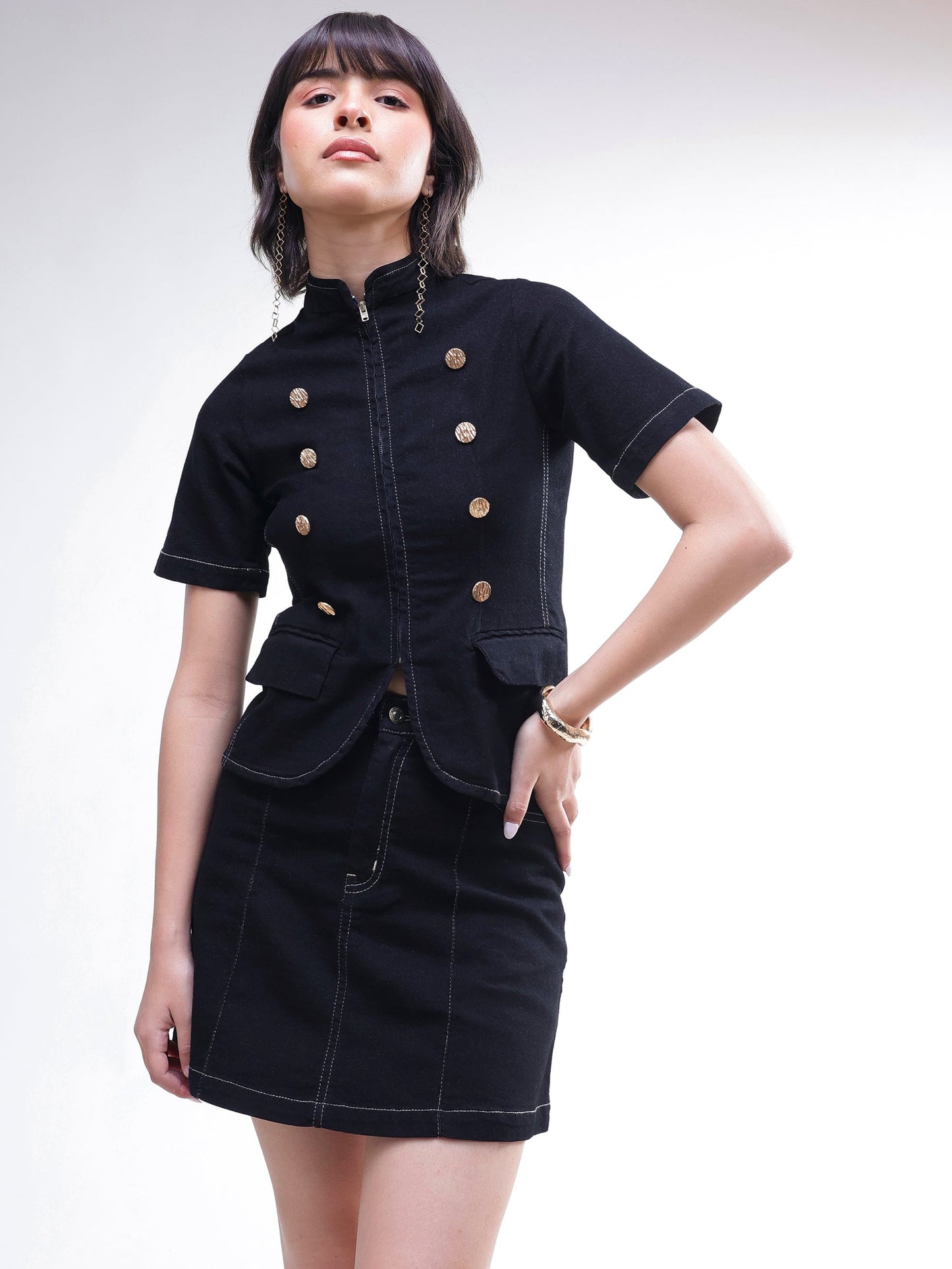 Women Black Denim Front Zipper Top With Mini Skirt