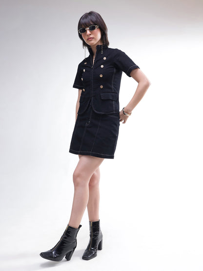 Women Black Denim Front Zipper Top With Mini Skirt