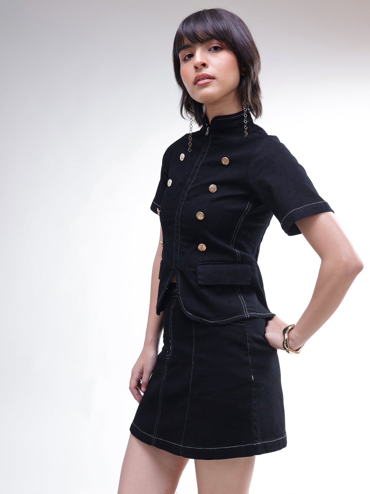 Women Black Denim Front Zipper Top With Mini Skirt
