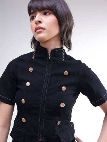 Women Black Denim Front Zipper Top With Mini Skirt