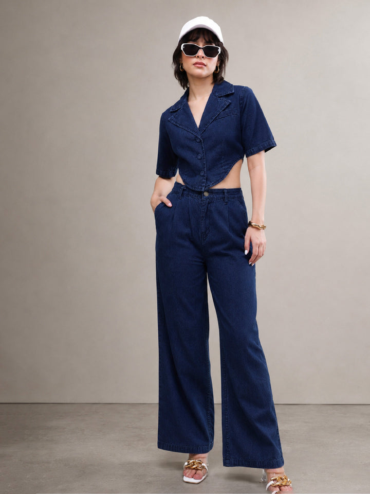 Women Navy Back Cut-Out Crop Top With Straight Jeans