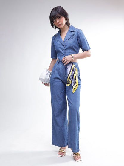 Women Blue Back Cut-Out Crop Top With Straight Jeans
