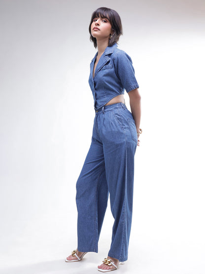 Women Blue Back Cut-Out Crop Top With Straight Jeans