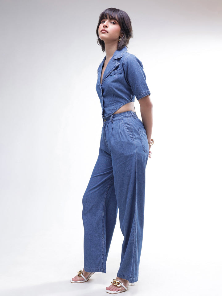 Women Blue Back Cut-Out Crop Top With Straight Jeans