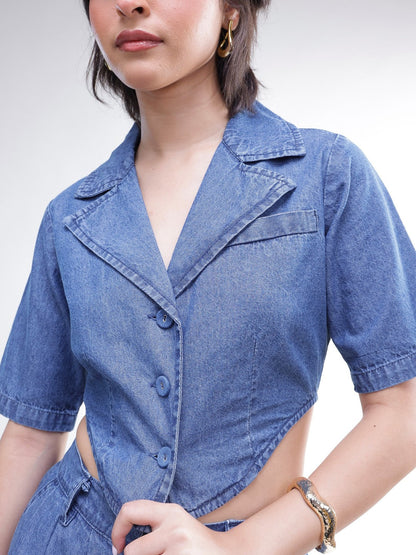 Women Blue Back Cut-Out Crop Top With Straight Jeans