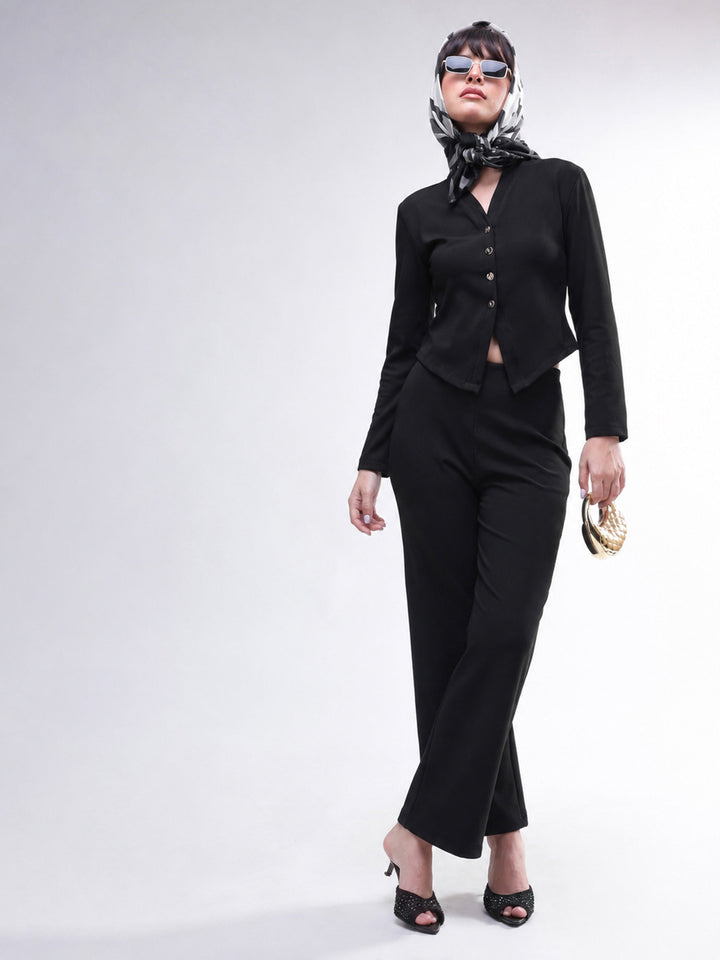 Women Black Button Down Full Sleeve Top with Track Pants