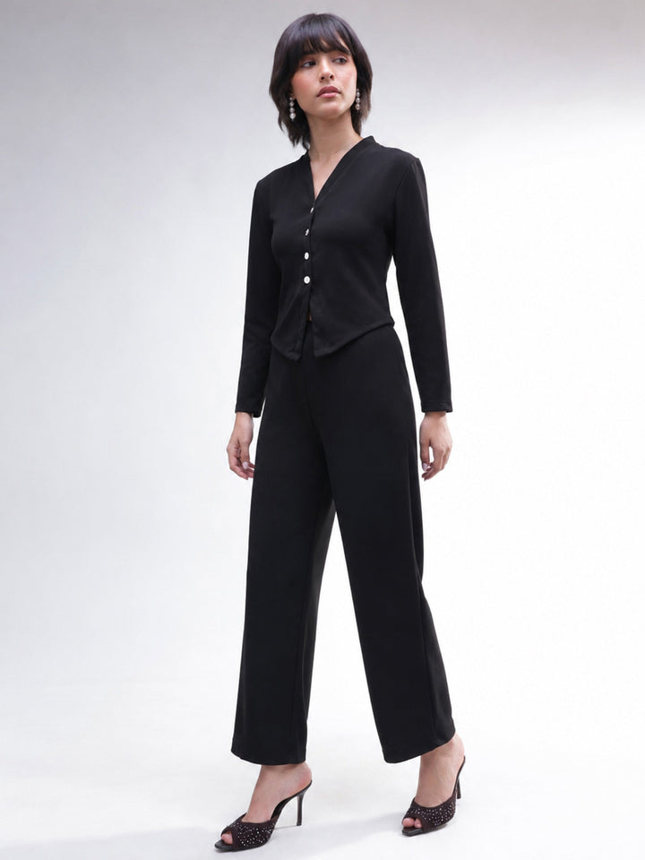 Women Black Button Down Full Sleeve Top with Track Pants