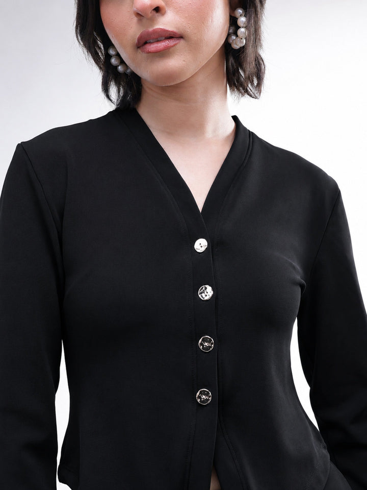 Women Black Button Down Full Sleeve Top with Track Pants