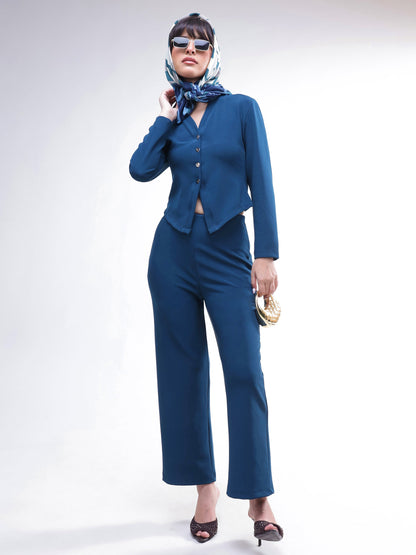 Women Navy Button Down Full Sleeve Top With Track Pants
