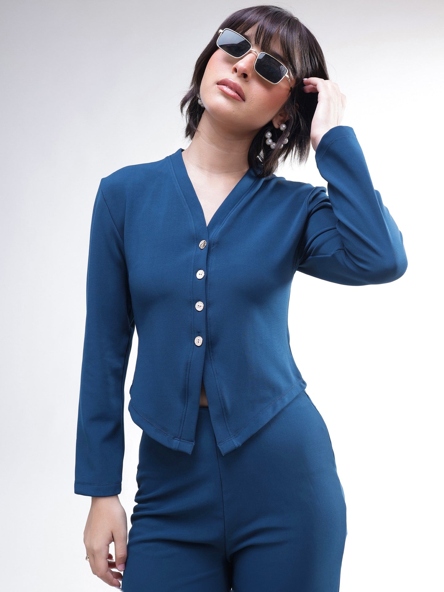 Women Navy Button Down Full Sleeve Top With Track Pants