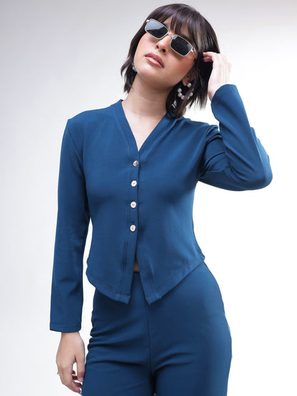 Women Navy Button Down Full Sleeve Top With Track Pants