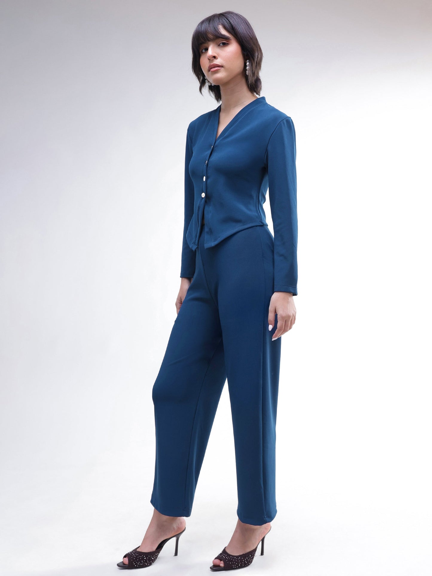 Women Navy Button Down Full Sleeve Top With Track Pants