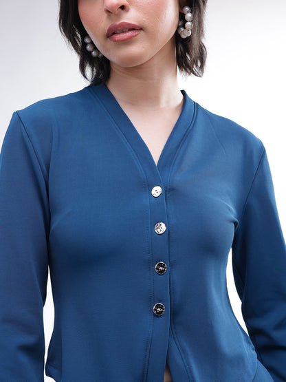 Women Navy Button Down Full Sleeve Top With Track Pants