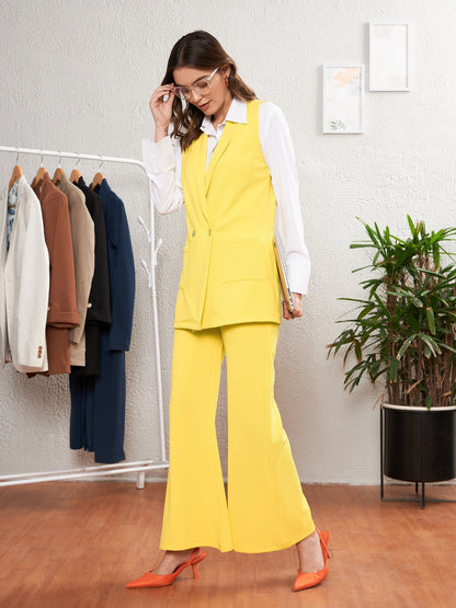 Yellow Sleeveless Blazer With Bell Bottom Pants