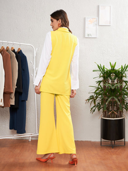 Yellow Sleeveless Blazer With Bell Bottom Pants