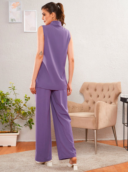 Lavender Sleeveless Blazer With Straight Pants