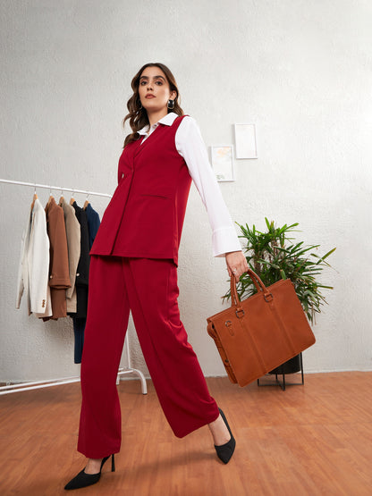 Red Sleeveless Blazer With Straight Pants
