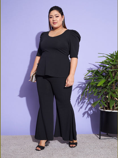 Plus size women's Black Karera Crepe Black Peplum Top With Kick Pleats Pants by Sassafras Curve for wholesale buyers, boutiques, resellers and bulk