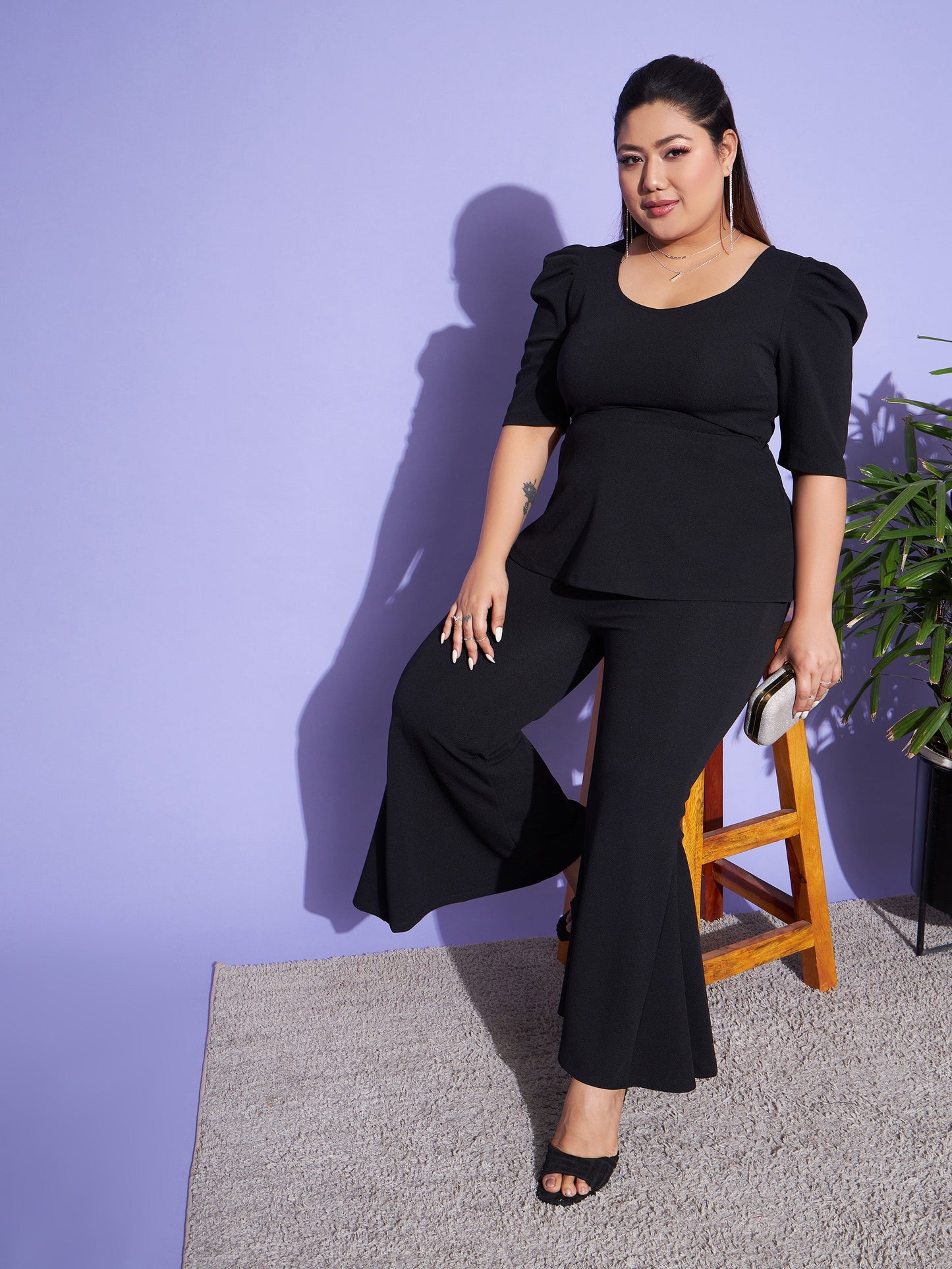 Black Peplum Top With Kick Pleats Pants-SASSAFRAS Curve