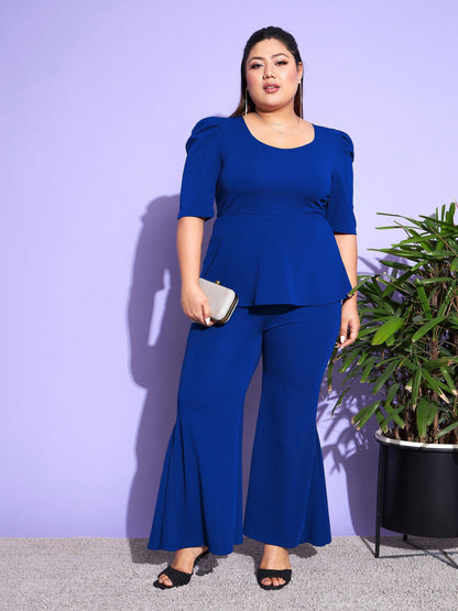 Plus size women's Blue Karera Crepe Royal Blue Peplum Top With Kick Pleats Pants by Sassafras Curve for wholesale buyers, boutiques, resellers and