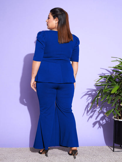 Women Royal Blue Peplum Top With Kick Pleats Pants