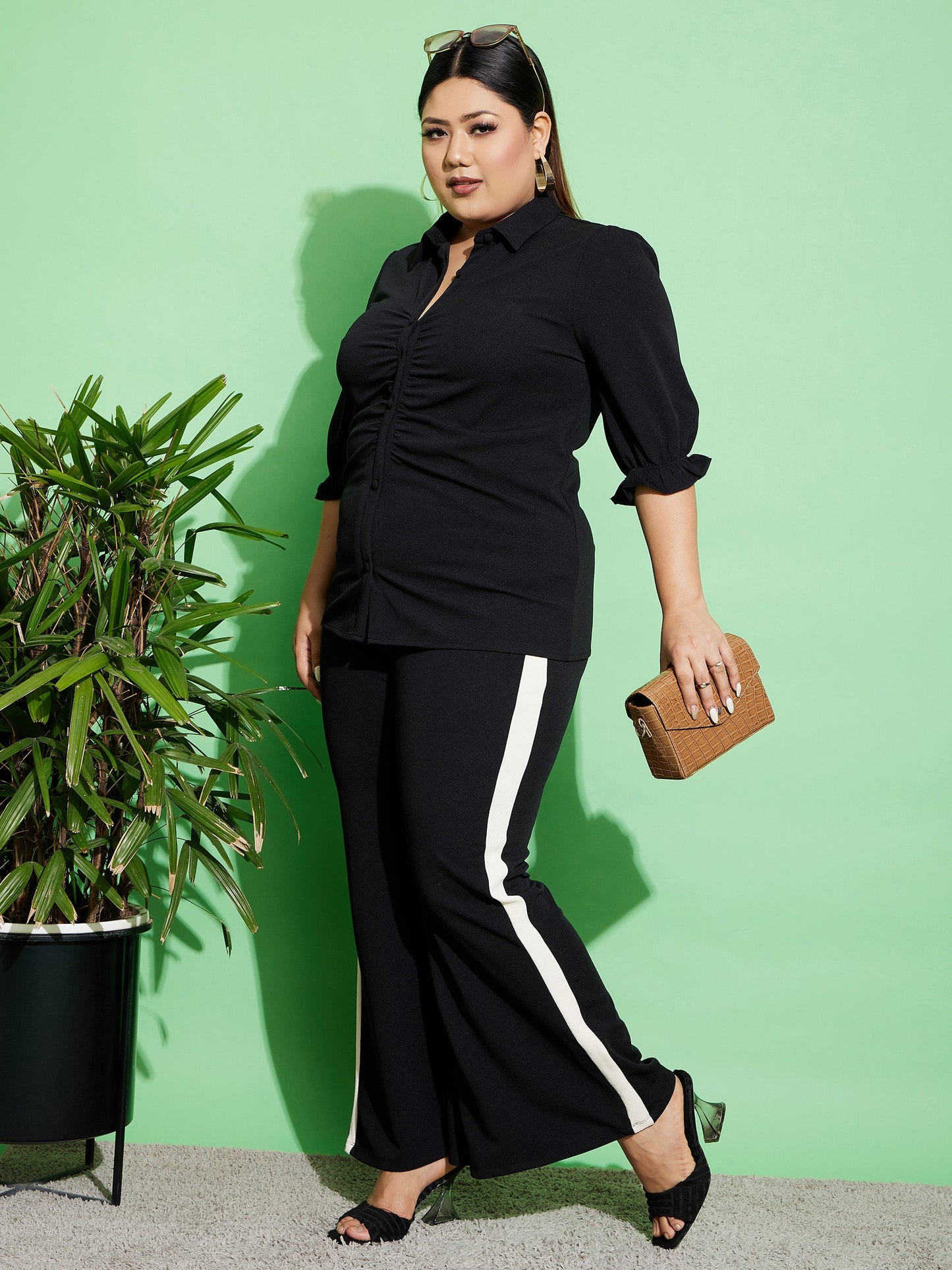 Black Ruched Shirt With Side Tape Pants