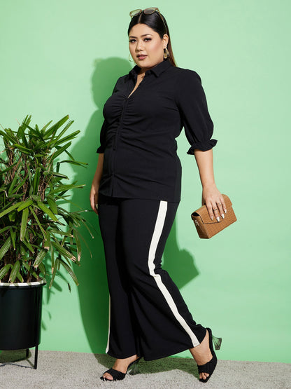 Black Ruched Shirt With Side Tape Pants